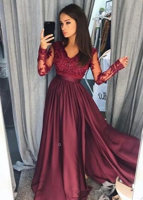 Burgundy Lace Evening Dress with Illusion Long Sleeves