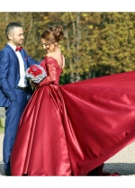 Burgundy Prom Dresses Beaded Lace Sleeves with Satin Skirt
