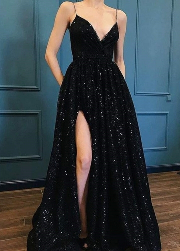 Black V-neck Bodice Sequin Prom Dresses with High Thigh-slit