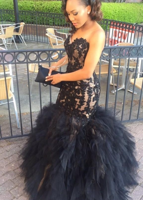 Black Lace African Prom Dress Styles Mermaid Ruffled Skirt