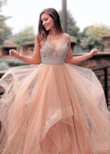 Blush Pink Tulle Prom Party Gown with Beaded Bodice