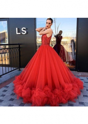 Beaded Bodice Red Prom Dresses Tulle Skirt Ruffled Hem