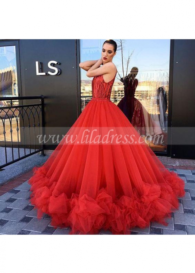 Beaded Bodice Red Prom Dresses Tulle Skirt Ruffled Hem