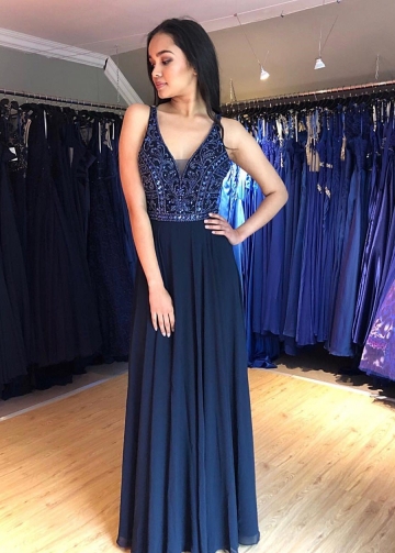 Beaded Bodice Navy Blue Prom Gown Chiffon Long Skirt