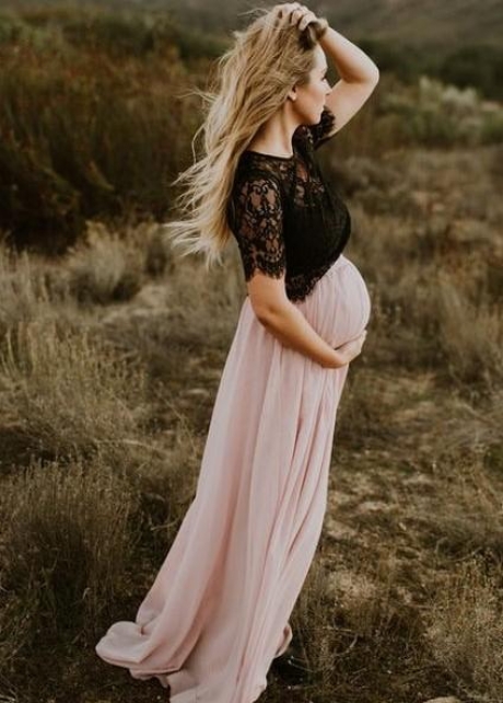 Black Lace Pregnant Evening Gown Maternity Dress for Photography Shoot