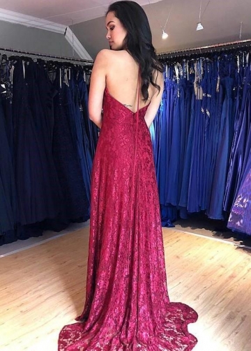 Breathtaking Long Lace Prom Gown with Halter Straps