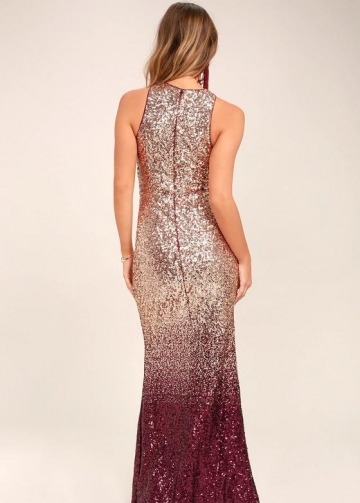Burgundy Shadow Sequin Maxi Prom Dress Online