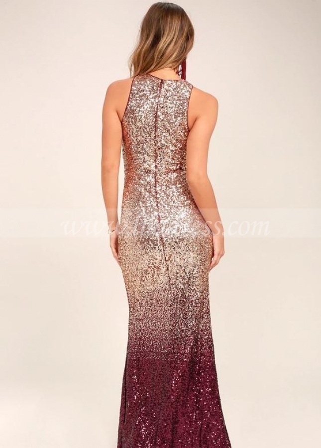 Burgundy Shadow Sequin Maxi Prom Dress Online