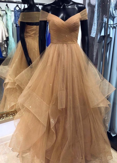 Brown Tulle Off-the-shoulder Prom Dress with Layered Skirt