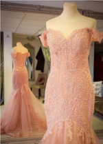 Blush Pink Lace Mermaid Evening Gown Dress with Off-the-shoulder