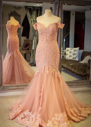 Blush Pink Lace Mermaid Evening Gown Dress with Off-the-shoulder