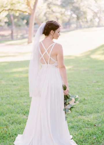 Bold V-neck Floor Length Destination Bridal Dress Wedding Crisscross Back