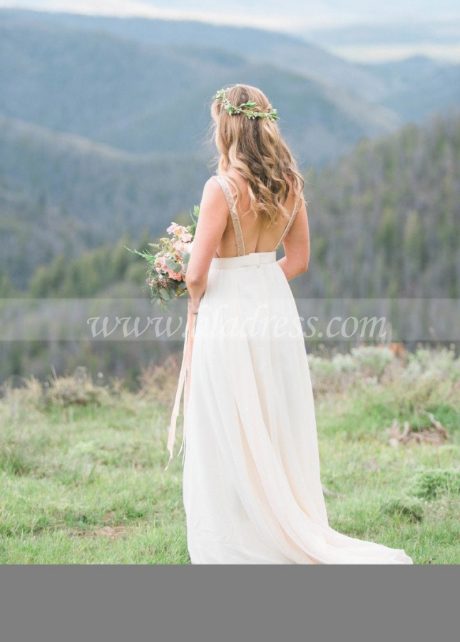 Backless V-neckline Sequin and Chiffon Wedding Dress Boho