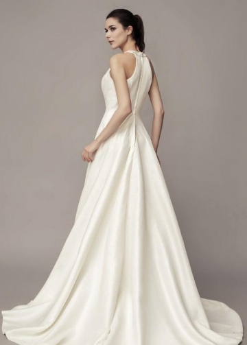 Beaded Halter Satin Bridal Gown with Sweep Train