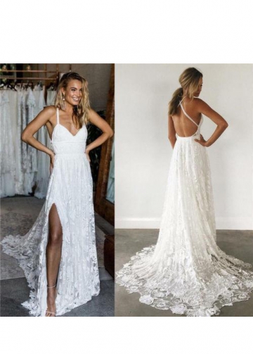 Beautiful Lace Boho Wedding Gown with Halter Straps