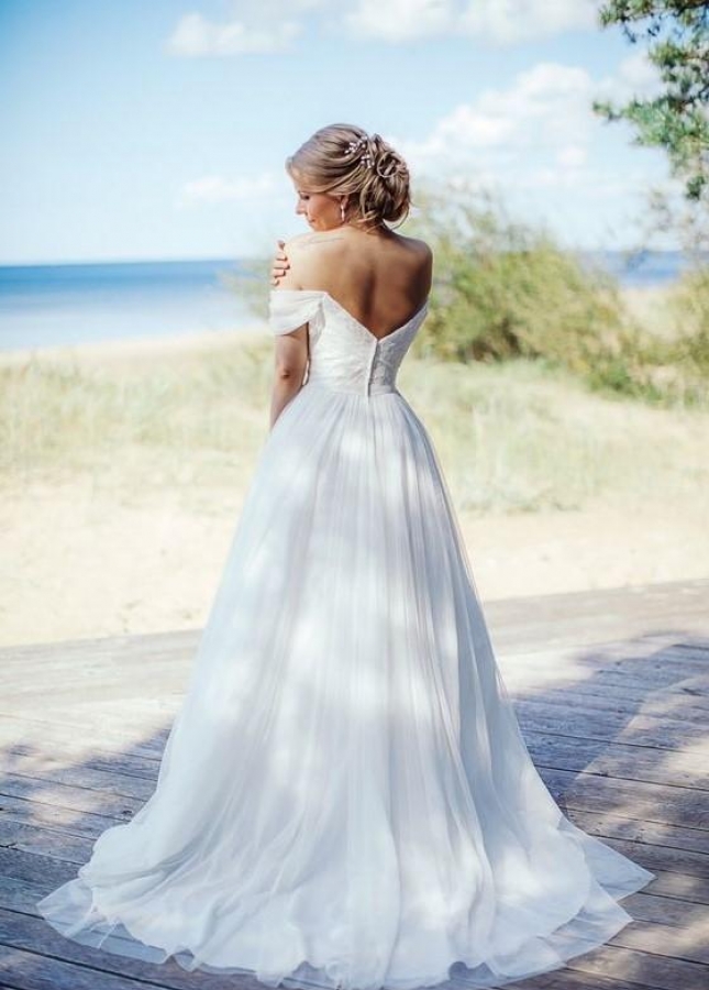 Beaded Lace Off-the-shoulder Wedding Gown with Tulle Skirt