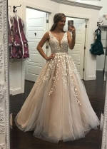 Champagne Wedding / Prom Dress with Ivory Floral Lace Bodice