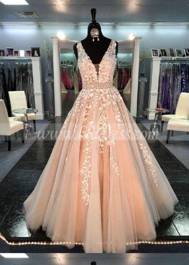 Champagne Wedding / Prom Dress with Ivory Floral Lace Bodice