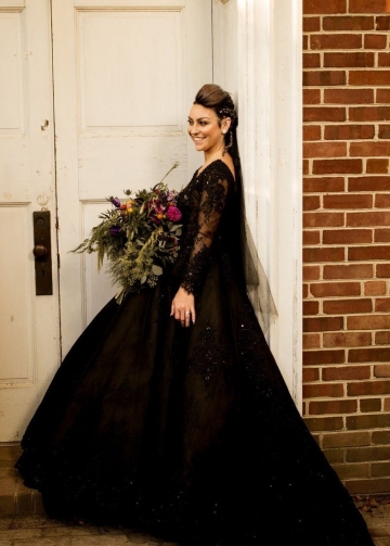 Beaded Lace Black Wedding Dresses Long Sleeves