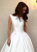 Bateau White Satin Bridal Dresses with Fabric Buttons Back