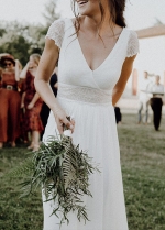 Bohemian V-neckline Summer Wedding Dress with Chiffon Skirt