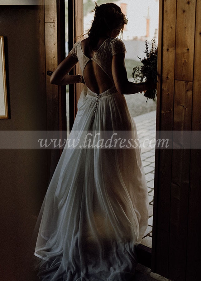Bohemian V-neckline Summer Wedding Dress with Chiffon Skirt