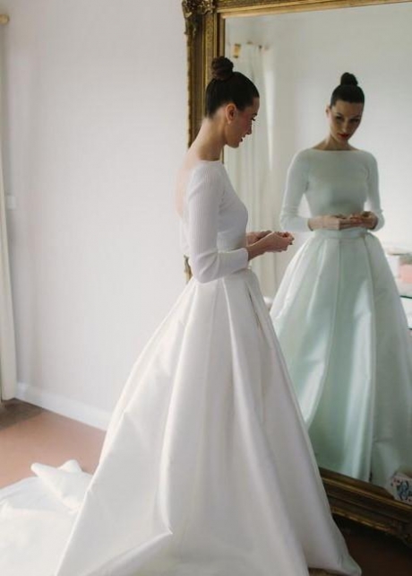 Bateau Satin Long Sleeves Wedding Dresses with Box Pleats