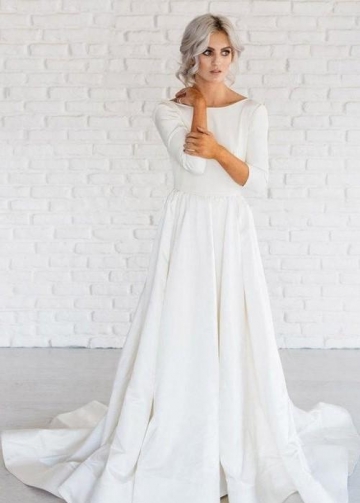Bateau Neckline Satin Wedding Dress 3/4 Sleeve vestido de noiva 2020