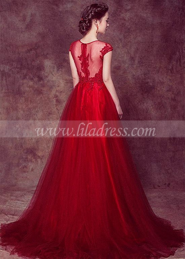 Excellent Tulle Jewel Neckline A-line Prom/Evening Dresses With Lace Appliques & Beadings