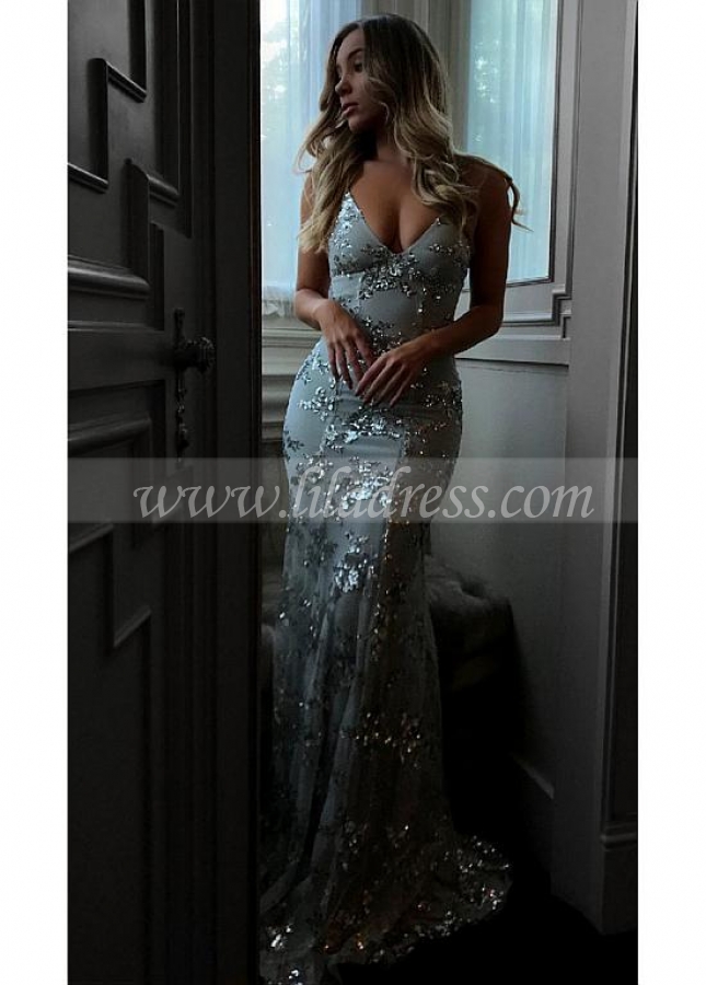 Brilliant Sequin Lace V-neck Neckline Mermaid Evening Dresses