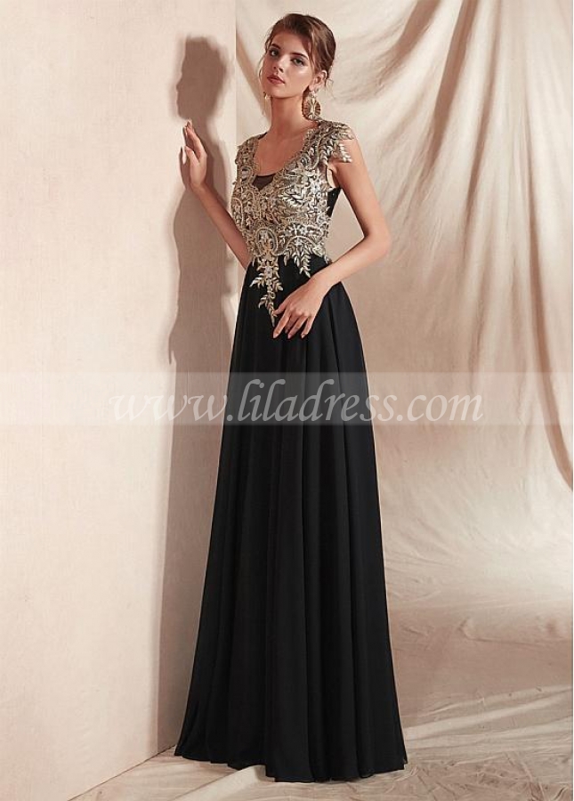 Stunning Chiffon V-neck Neckline Cap Sleeves A-line Evening Dresses With Embroidery