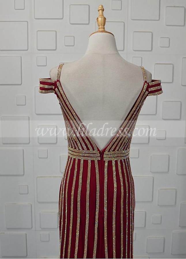 Shining Tulle Spaghetti Straps Neckline Sheath/Column Formal Dresses With Beadings