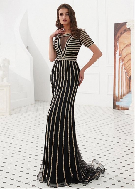 Fashionable Tulle & Spandex Jewel Neckline Floor-length Mermaid Evening Dresses With Rhinestones