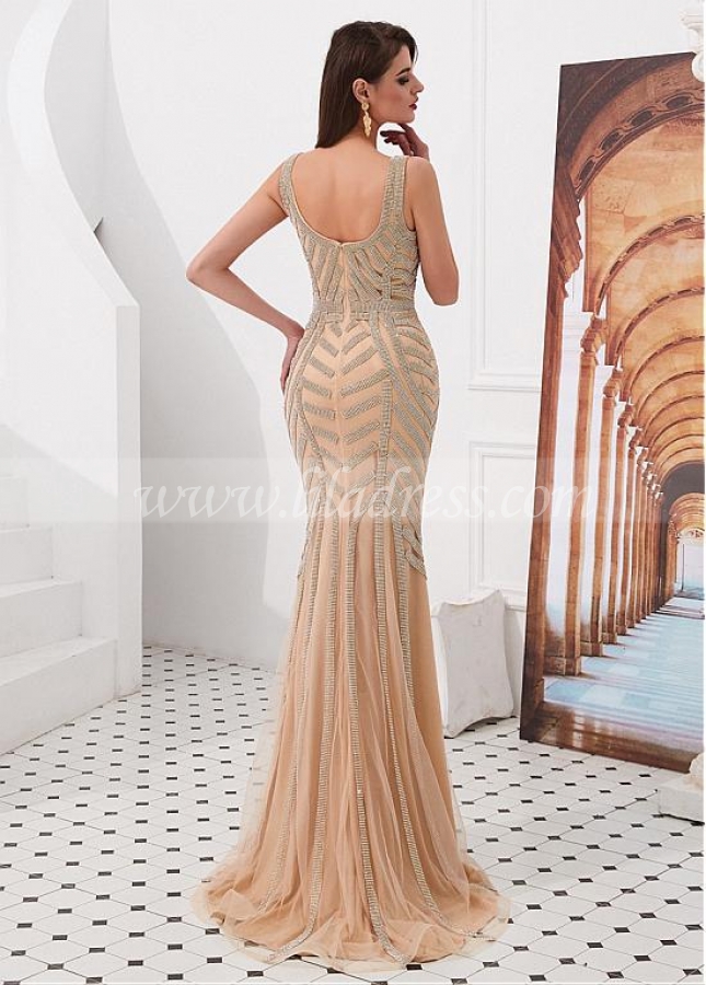 Exquisite Tulle V-neck Neckline Floor-length Mermaid Evening Dresses With Rhinestones
