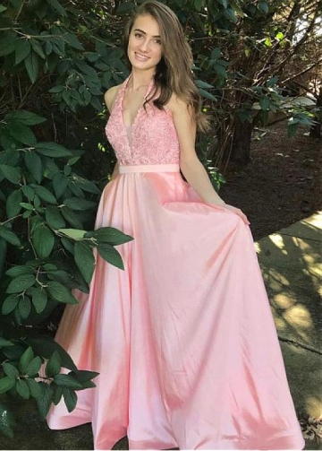 Stunning Satin Halter Neckline Floor-length A-line Prom Dresses With Lace Appliques