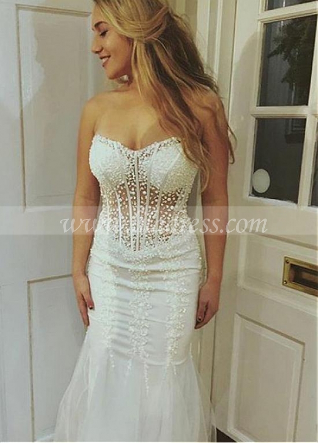 Romantic Tulle Sweetheart Neckline Floor-length Mermaid Evening Dresses With Beaded Lace Appliques