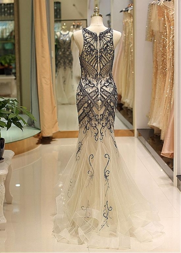 Romantic Tulle Jewel Neckline Floor-length Mermaid Evening Dress With Beadings