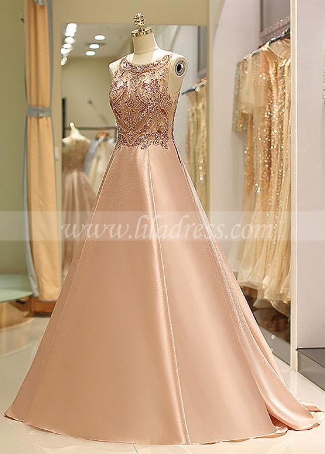 Fashionable Satin Bateau Neckline Floor-length A-line Prom Dress With Beadings