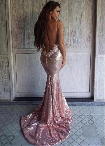 Stunning Sequin Lace Neckline Spaghetti Straps Neckline Floor-length Mermaid Evening Dress With Lace Appliques & Beadings