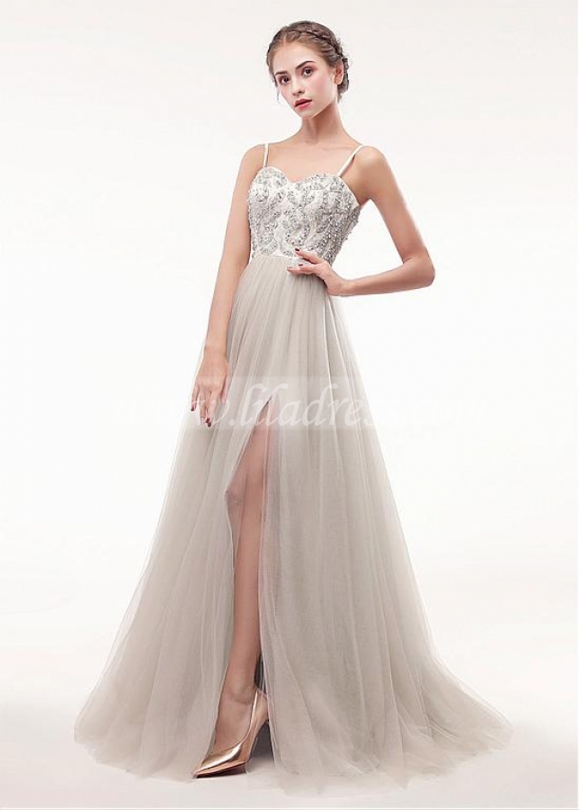 Alluring Tulle Spaghetti Straps Neckline Floor-length A-line Prom Dress With Beadings