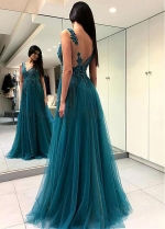 Stunning Tulle Jewel Neckline Floor-length A-line Evening Dress With Beaded Lace Appliques