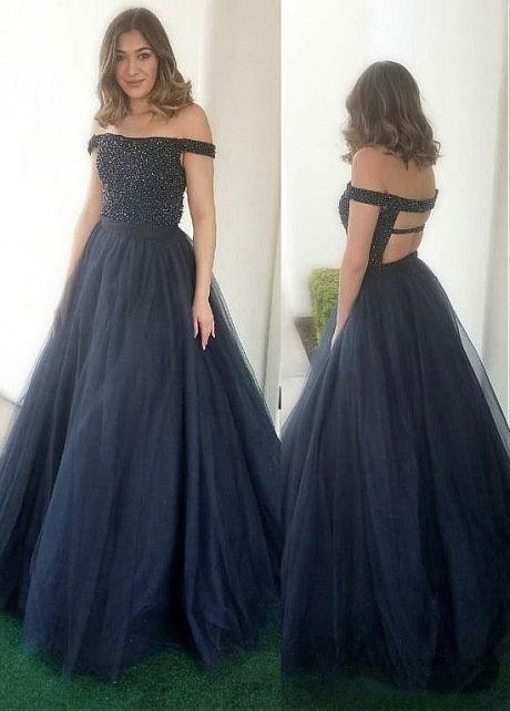 Fashionable Tulle & Satin Off-the-shoulder Neckline A-line Prom Dress With Beadings