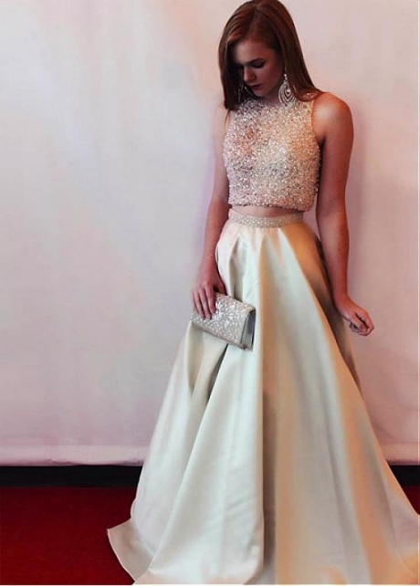 Chic Satin Jewel Neckline Two-piece A-line Prom Dress With Beadings