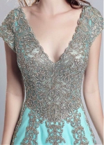 Attractive Tulle V-neck Neckline Mermaid Prom Dress With Beaded Lace Appliques
