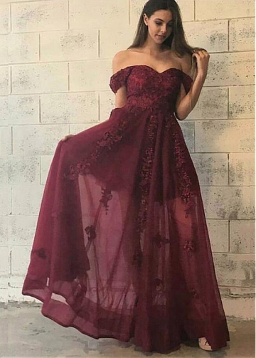 Elegant Tulle Off-the-shoulder Neckline A-line Evening Dress With Lace Appliques