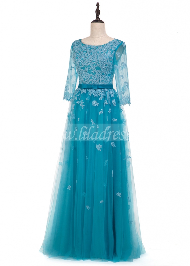 Fantastic Tulle Scoop Neckline A-line Evening Dress With Lace Appliques & Belt