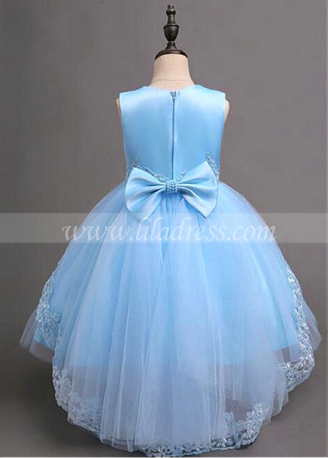 Alluring Tulle & Satin Jewel Neckline Ball Gown Flower Girl Dress With Beaded Lace Appliques & Bowknot