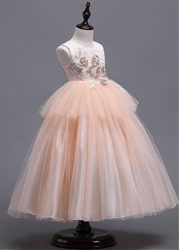 Sweet Tulle & Lace Jewel Neckline Floor-length Ball Gown Flower Girl Dress With Lace Appliques & Beadings