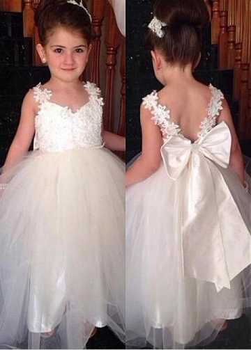 Pretty Tulle V-neck Neckline Floor-length Ball Gown Flower Girl Dresses With Beaded Lace Appliques & Bowknot