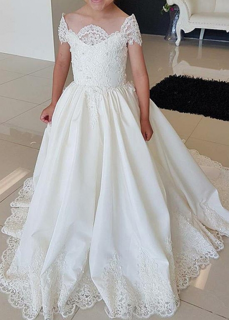 Attractive Tulle & Satin Off-the-shoulder Neckline Ball Gown Flower Girl Dresses With Beaded Lace Appliques
